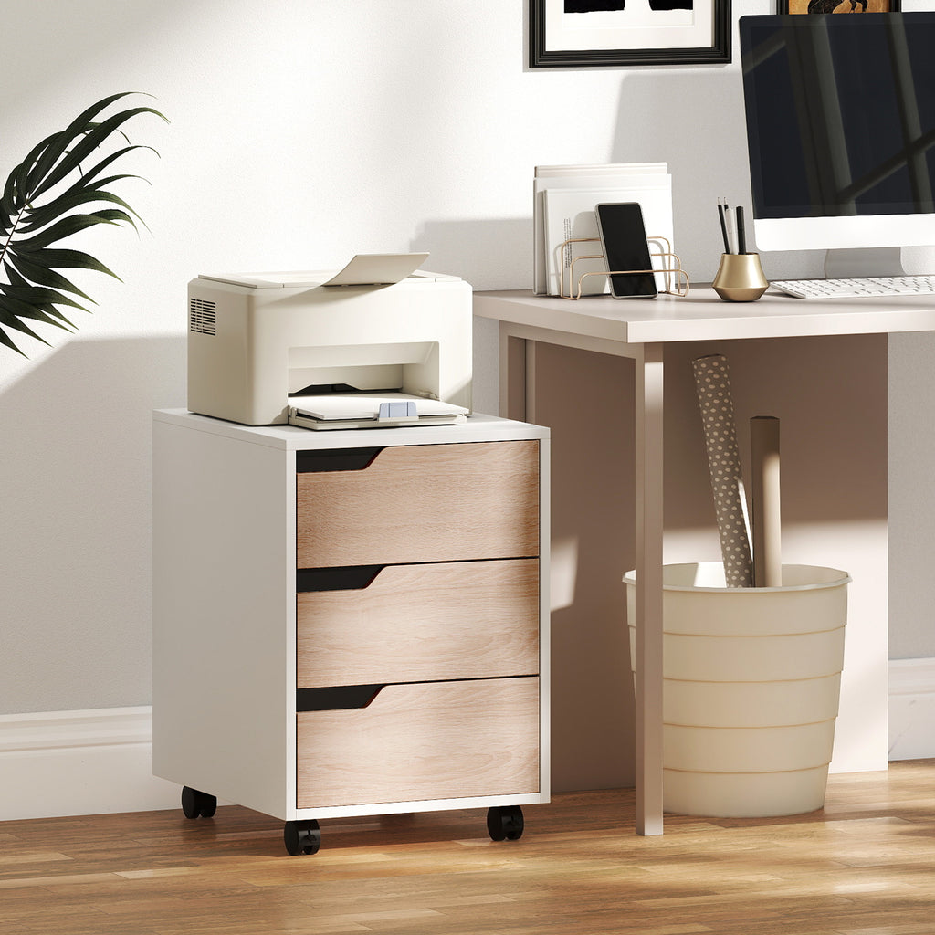 Caisson bureau mobile, meuble rangement bureau sur roulettes, 3 tiroirs, 40x50x57,5cm, blanc et chêne-8