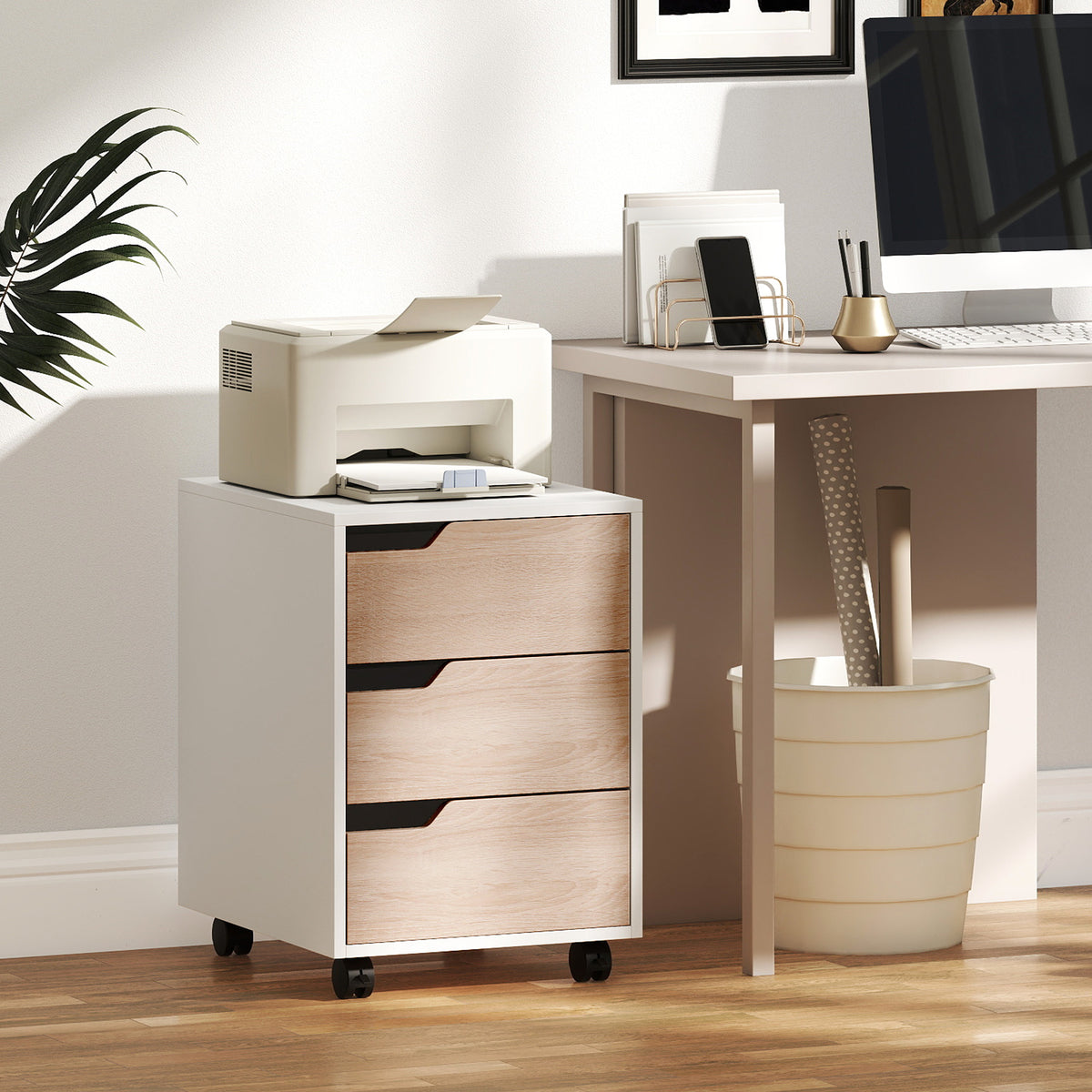Caisson bureau mobile, meuble rangement bureau sur roulettes, 3 tiroirs, 40x50x57,5cm, blanc et chêne-8