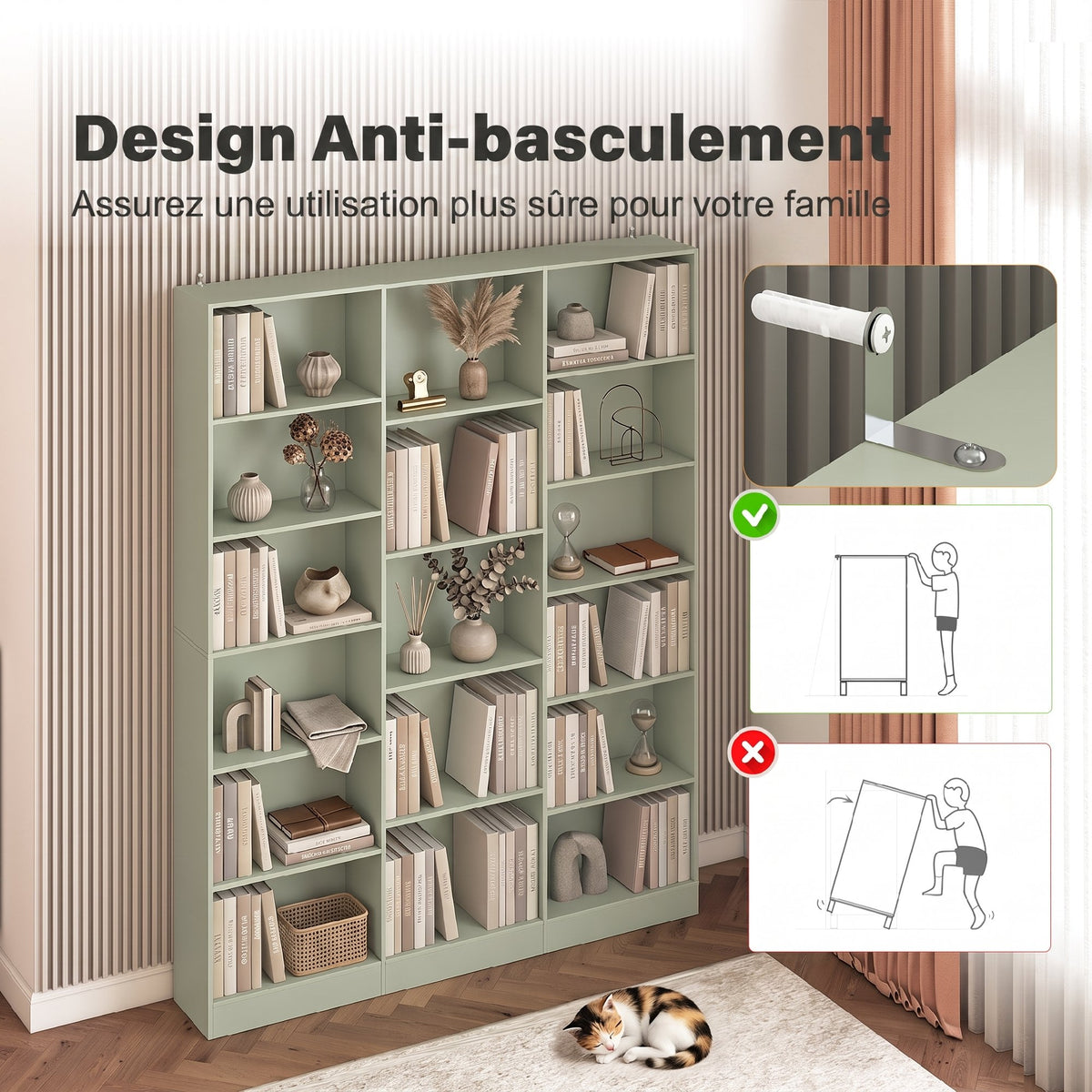 Bibliothèque 6 Niveaux, Étagère de Rangement avec 17 Compartiments et Étagères Réglables, 149 x 23,6 x 188 cm, Vert-6