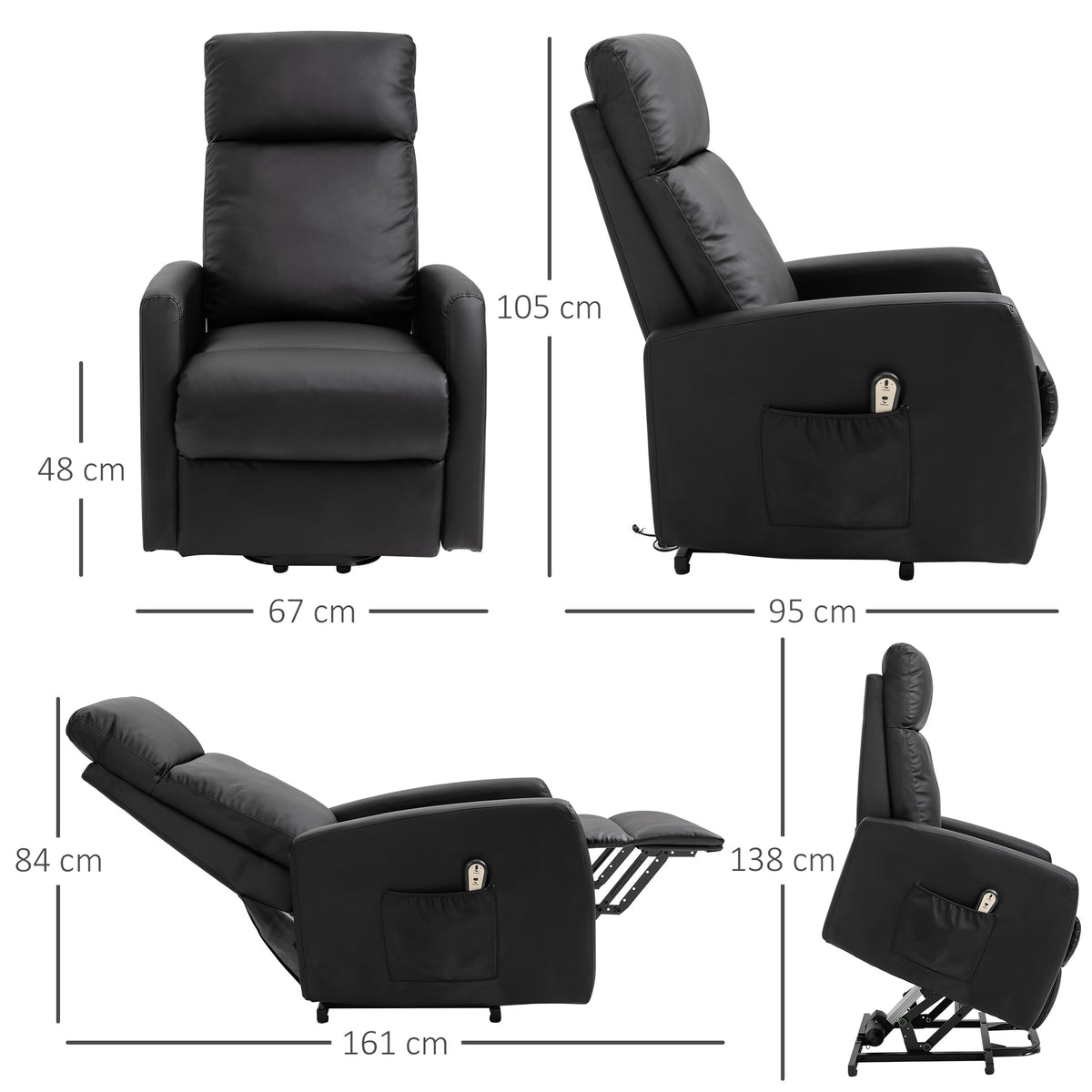 Fauteuil releveur électrique inclinable avec repose-pied ajustable et télécommande revêtement synthétique noir-2