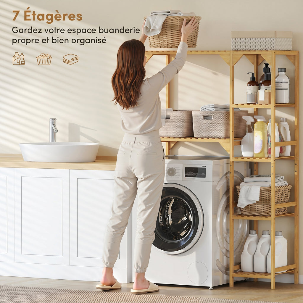 Étagère au-dessus de Machine à Laver en Bambou, Meuble de Salle de Bain Moderne avec Étagères Réversibles, Bois Naturel-3