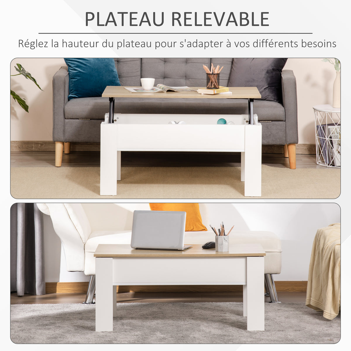 Table basse relevable, table de salon avec compartiment caché, style moderne, pour salon, bureau, 100x50x45cm, blanc-3