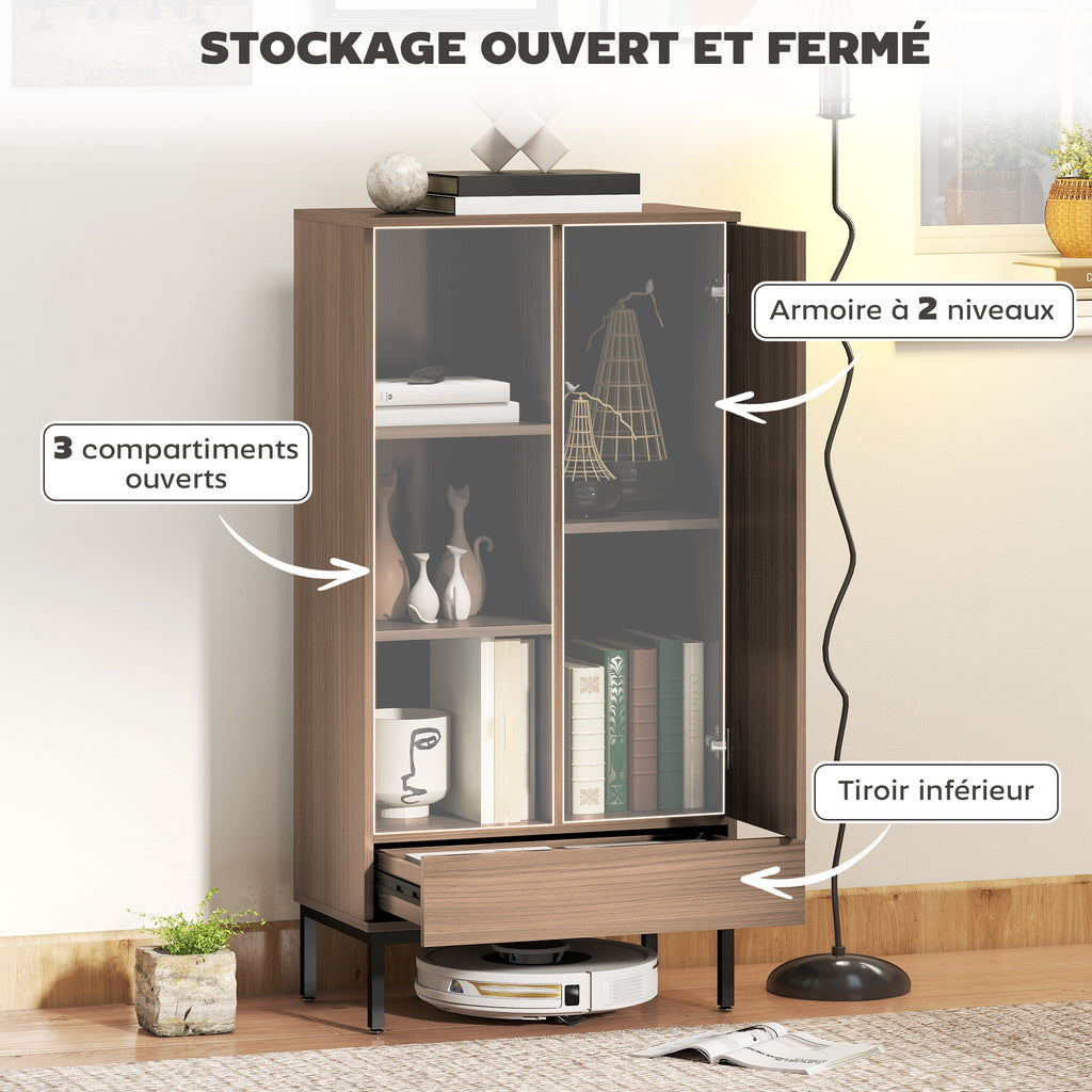 Buffet meuble de rangement avec placard à portes, tiroir, 3 compartiments ouverts et étagères réglables, gris-3
