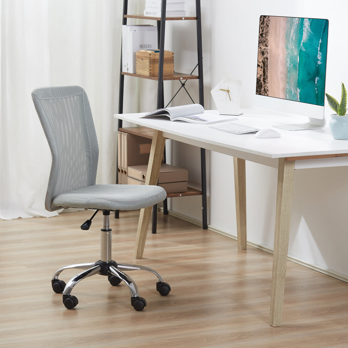 Chaise de Bureau Ergonomique, Fauteuil de Bureau, Hauteur Réglable, Piètement Chromé, Pivotant 360°, Revêtement Maille, Gris-6