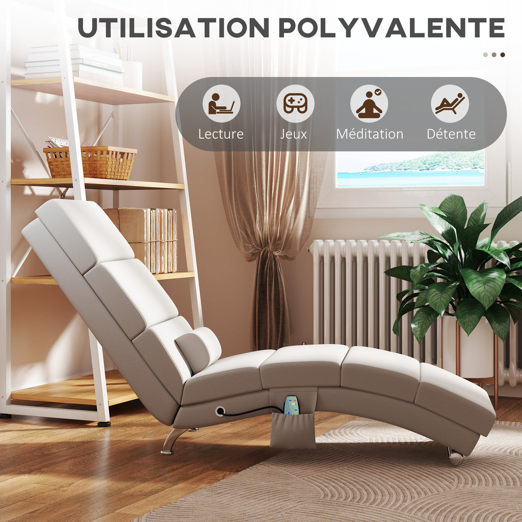 Fauteuil relax salon fauteuil de massage et chauffage meridienne avec télécommande et oreiller, tissu effet lin, crème-5