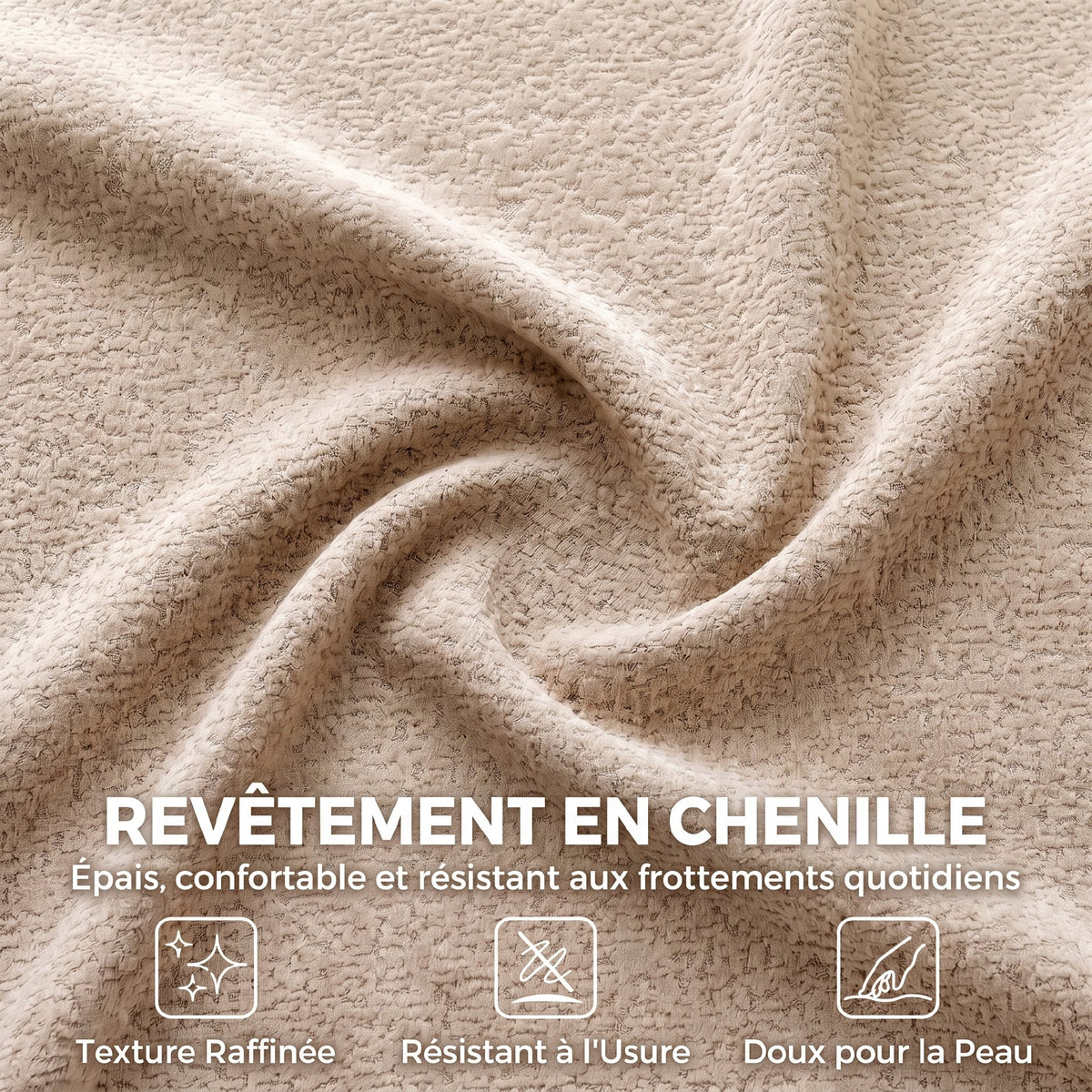 Canapé 3 Places 233 cm, Canapé Salon en Chenille Moderne avec Assise Profonde, Accoudoirs Larges, Beige-6