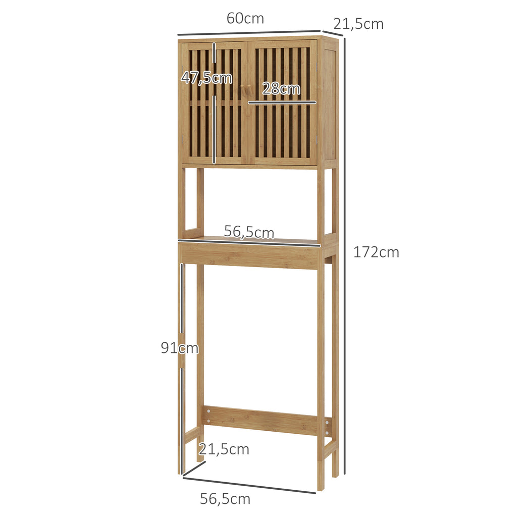 Étagère de toilettes meuble de salle de bain dessus toilette WC avec placard 2 portes et étagère ouverte bambou-2