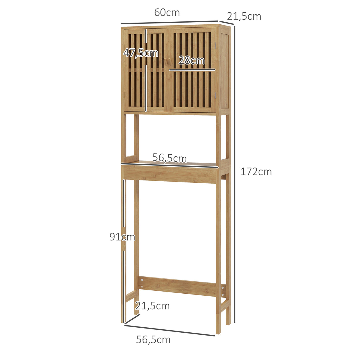 Étagère de toilettes meuble de salle de bain dessus toilette WC avec placard 2 portes et étagère ouverte bambou-2
