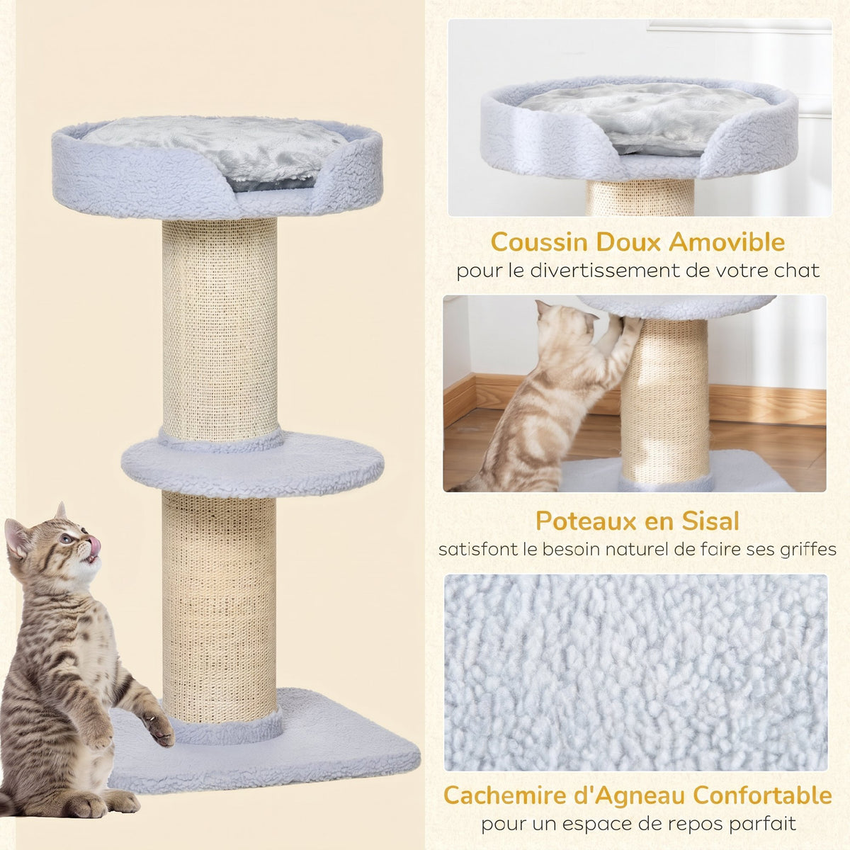 Arbre à chat avec griffoir centre d'activités 2 plateformes coussin bleu clair-4