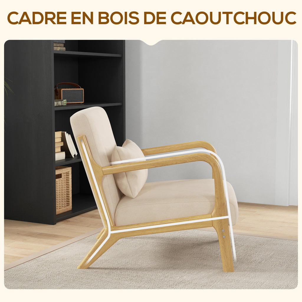 Fauteuil lounge - 3 coussins inclus - assise profonde - accoudoirs - structure bois hévéa - aspect velours beige-4
