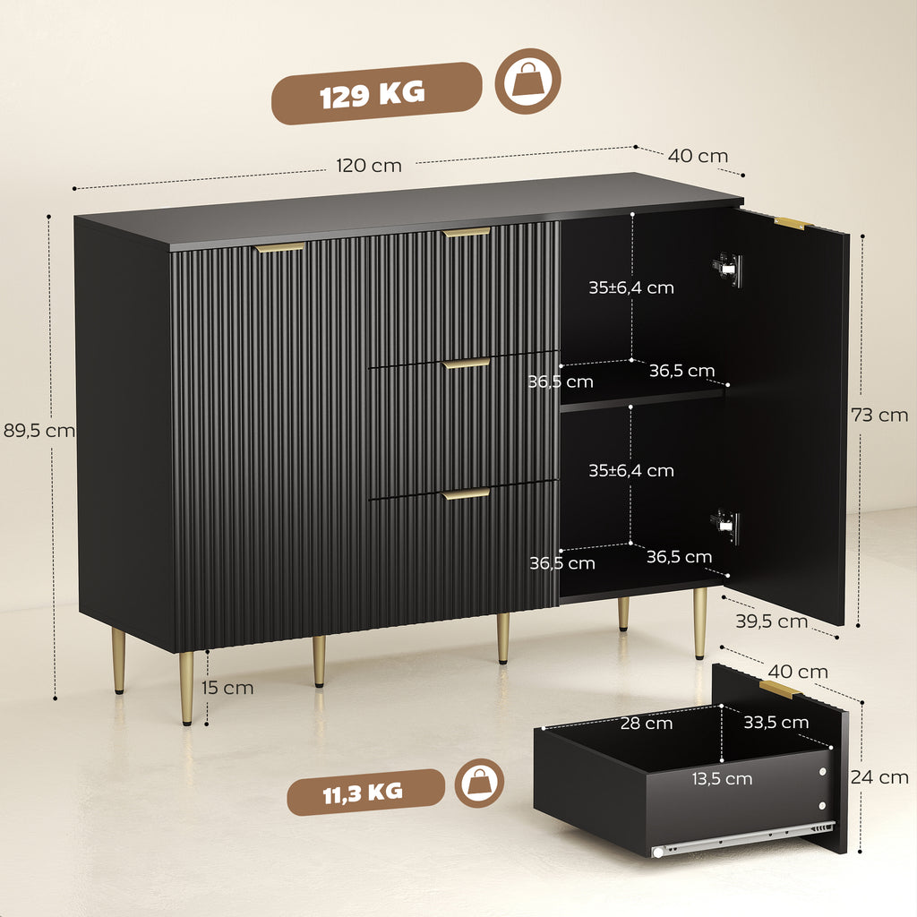 Buffet meuble cuisine rangement avec 3 tiroirs, étagères réglables, placards à portes cannelées, 120 x 40 x 90 cm, noir-2