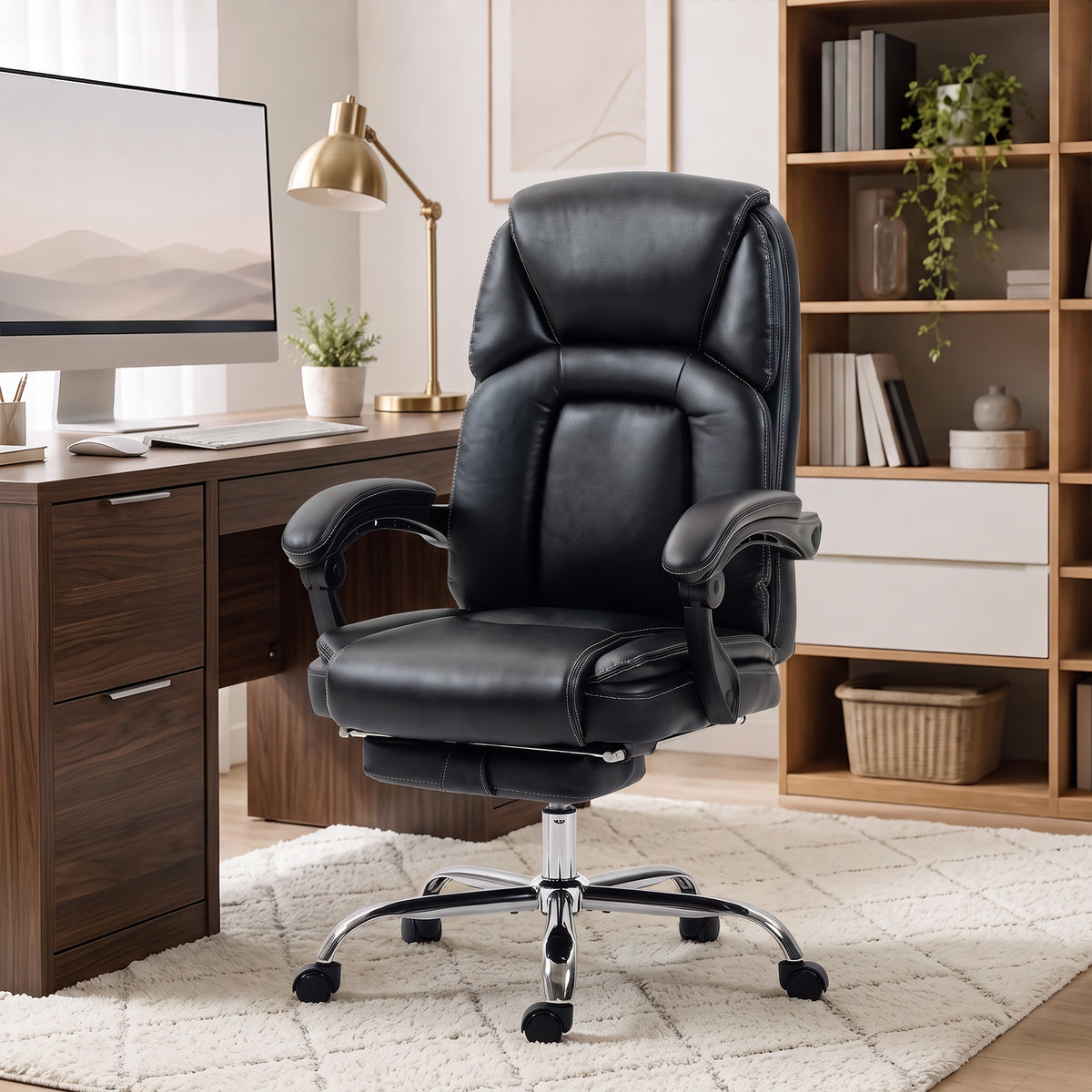 Chaise Bureau Ergonomique, Fauteuil de Bureau Inclinable, Assise rembourrée en PU, Hauteur Réglable, Noir-1