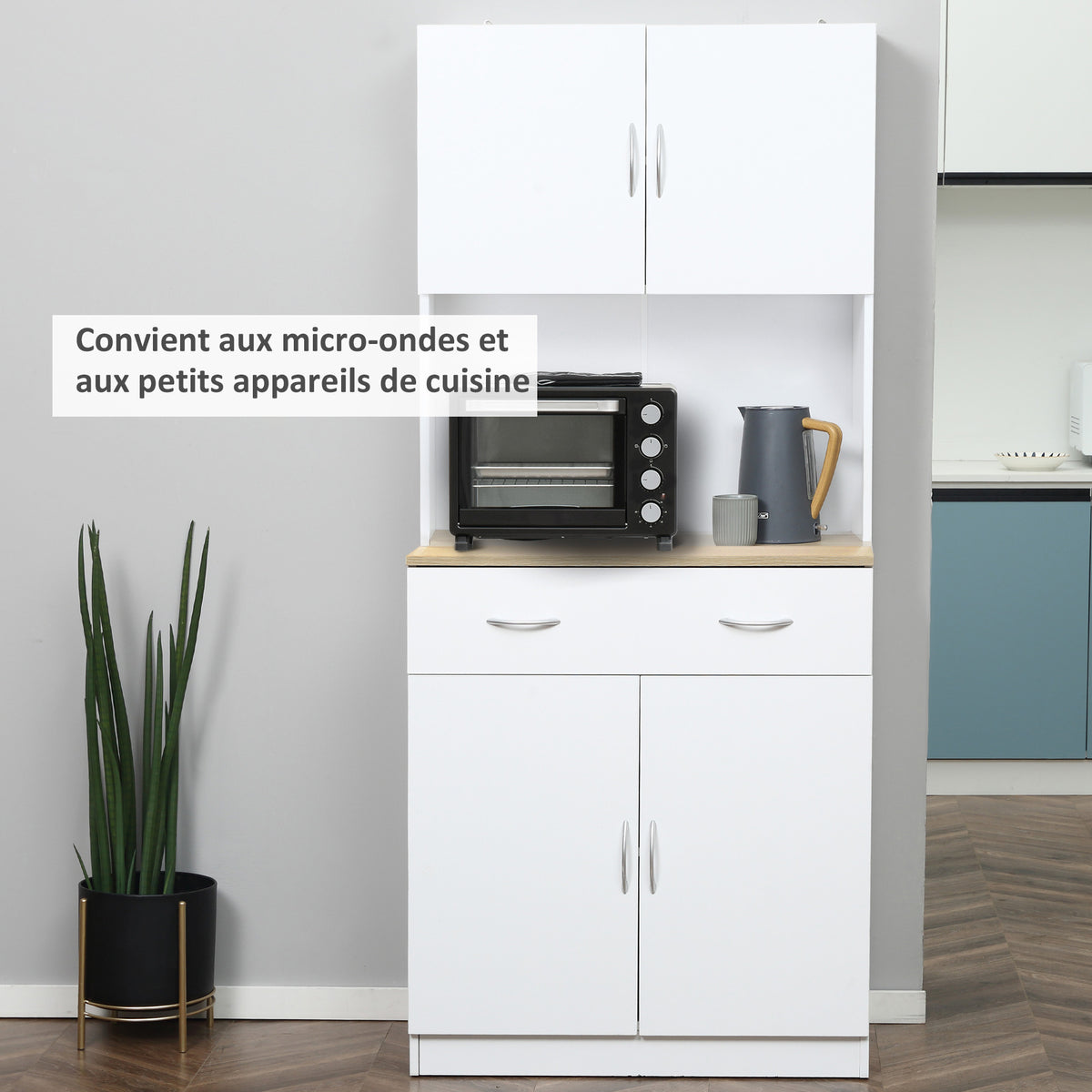 Buffet haut cuisine, armoire de cuisine, 4 portes, tiroir, plan de travail et étagères réglables, 80x40x180cm, blanc-5