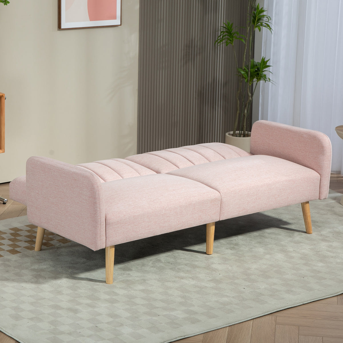 Canapé Convertible 2 Places Design scandinave Dossier inclinable 3 Positions Pieds Bois Tissu Aspect Lin Rose-6