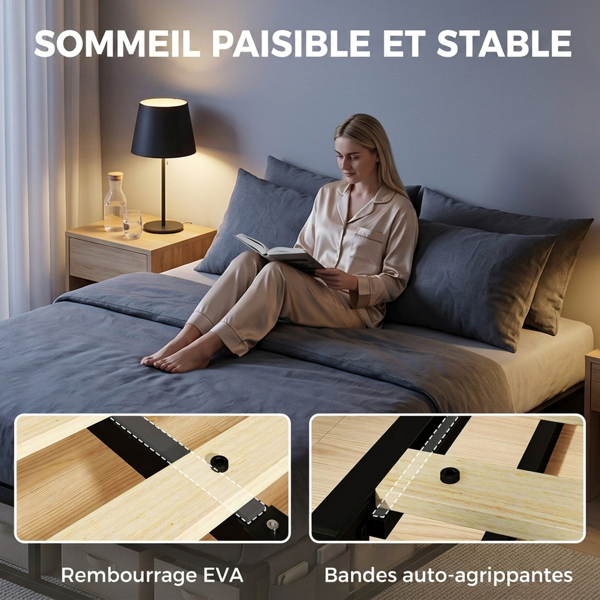 Cadre de Lit 140 x 190 cm avec Sommier, Lit Double avec Pochette de Rangement, Support à Lattes en Bois, Noir-3