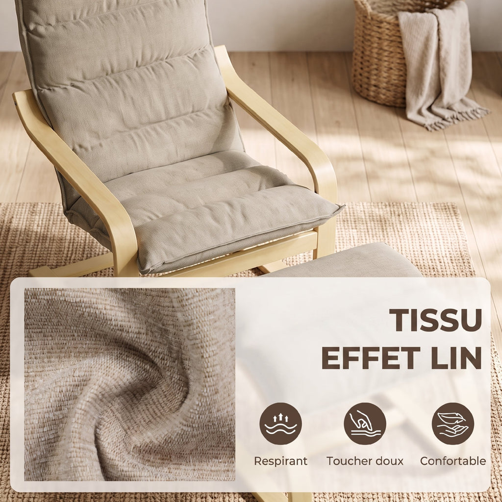 Fauteuil de Salon avec Repose-Pied, Fauteuil d'Appoint en Lin, Assise Large, Dossier Haut, Bascule Douce, Beige-6