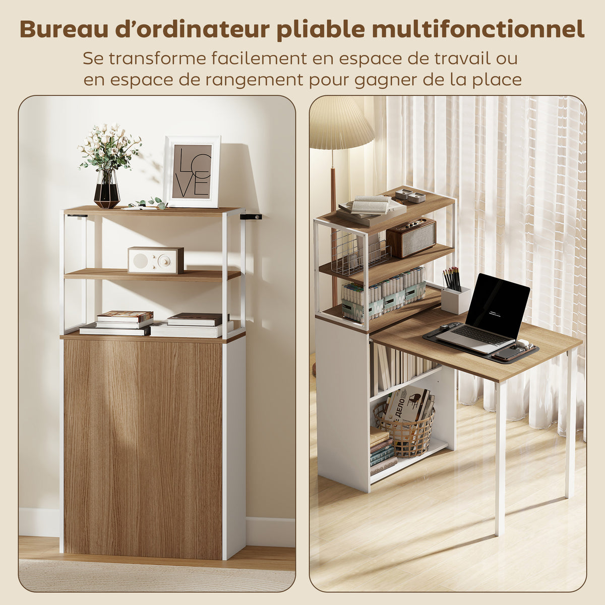 Bureau d'ordinateur pliable avec étagères de rangement à 4 niveaux, bureau avec 2 niches, 105 x 60 x 127 cm, chêne blanc-3