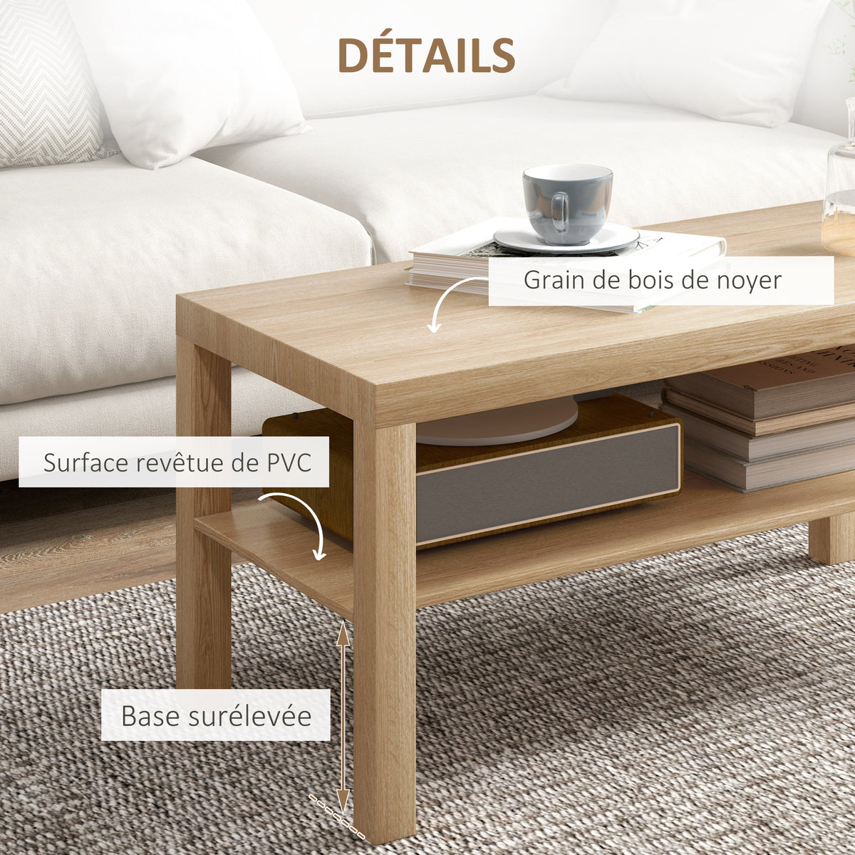 Table basse de salon, table d'appoint rectangulaire à 2 niveaux avec étagère de rangement, 90x45x44,5cm, bois naturel-5