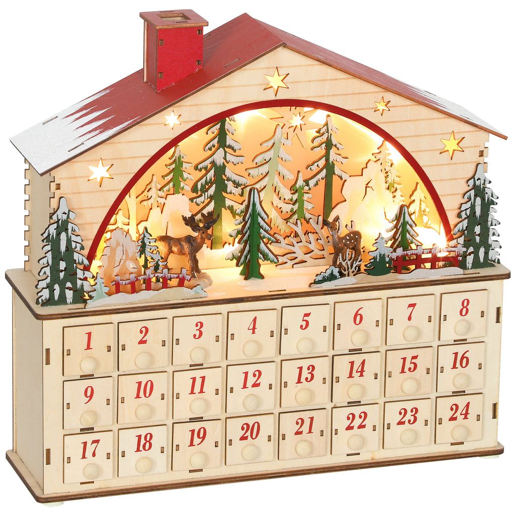 Calendario dell’Avvento di Natale con villaggio in legno, 24 cassetti e 15 LED
