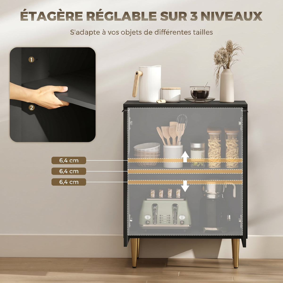 Buffet Cuisine, Meuble de Rangement avec 2 Portes, Étagère Réglable, Pieds Métalliques Surélevés, 60 x 40 x 80 cm, Noir-4
