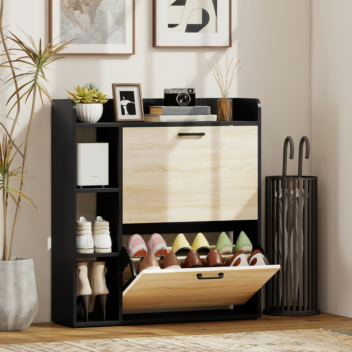 Meuble à chaussures 15 paires, armoire à chaussures moderne avec 2 tiroirs rabattables, 83x24x90,5cm, noir-1