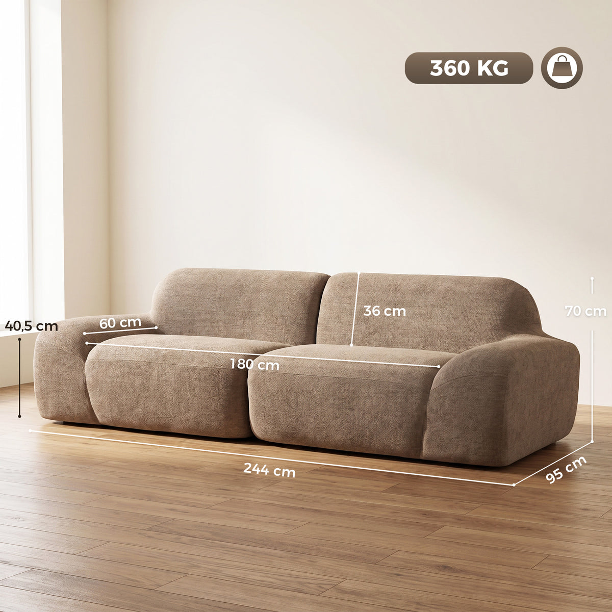 Canapé 3 Places en Chenille 244 cm, Canapé Salon Moderne, Assise et Accoudoirs Larges, Ressorts Ensachés, Marron Clair-2