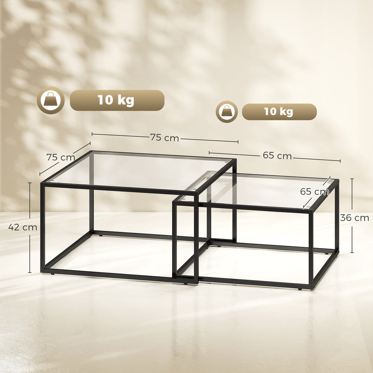 Lot de 2 tables basses gigognes, table de salon avec plateau en verre trempé et structure en métal, noir-2