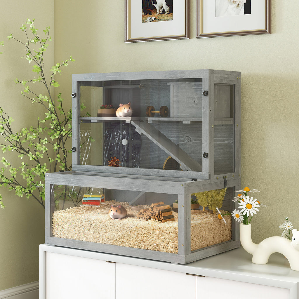 Gabbia per criceti in legno a 3 livelli con casetta e ruota, 80 × 50 × 84 cm, grigia-9