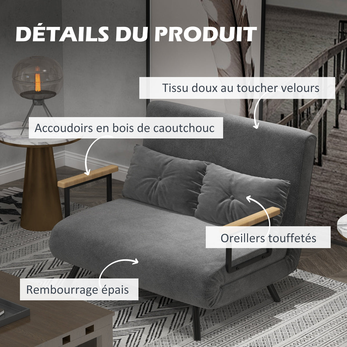 Canapé convertible 2 places avec dossier réglable sur 5 niveaux et 2 coussins rembourrés pour salon, chambre d'amis-5