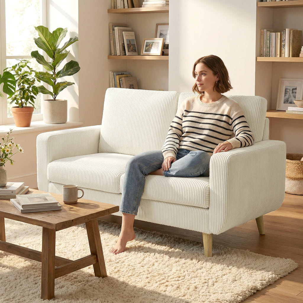 Canapé 2 places en velours côtelé, canapé de salon moderne 134 cm, assise rembourrée, coussin à ressorts, crème-9