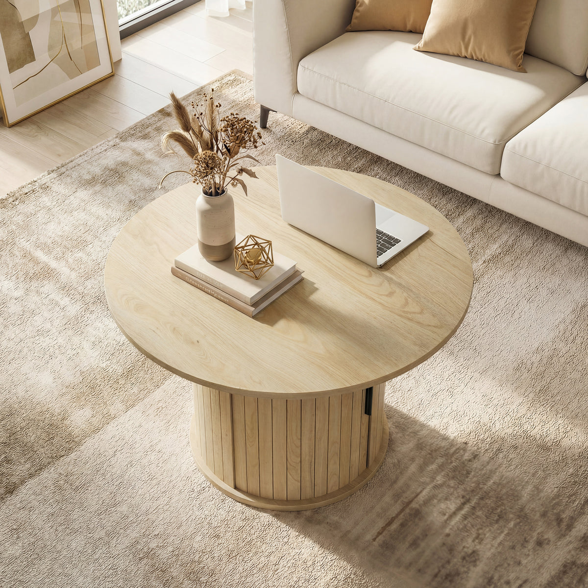 Table basse ronde, table de salon avec rangement, porte coulissante à lattes, 2 étagères, effet bois naturel-1