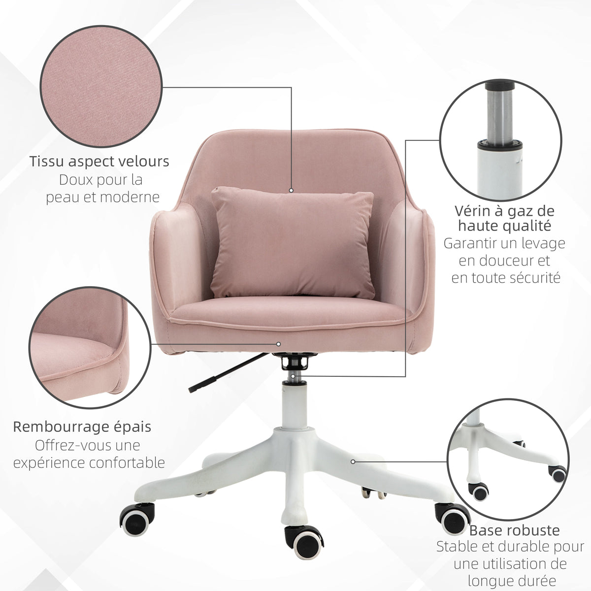 Chaise de bureau velours fauteuil bureau massant coussin lombaire intégré hauteur réglable rose poudré-7