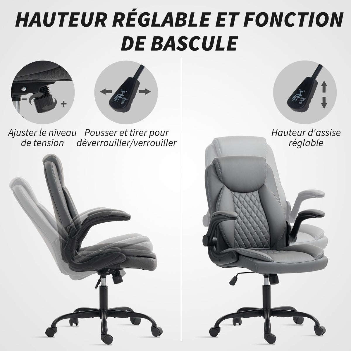 Fauteuil de bureau, chaise bureau ergonomique avec accoudoirs relevables, hauteur réglable, fonction de bascule, gris-5