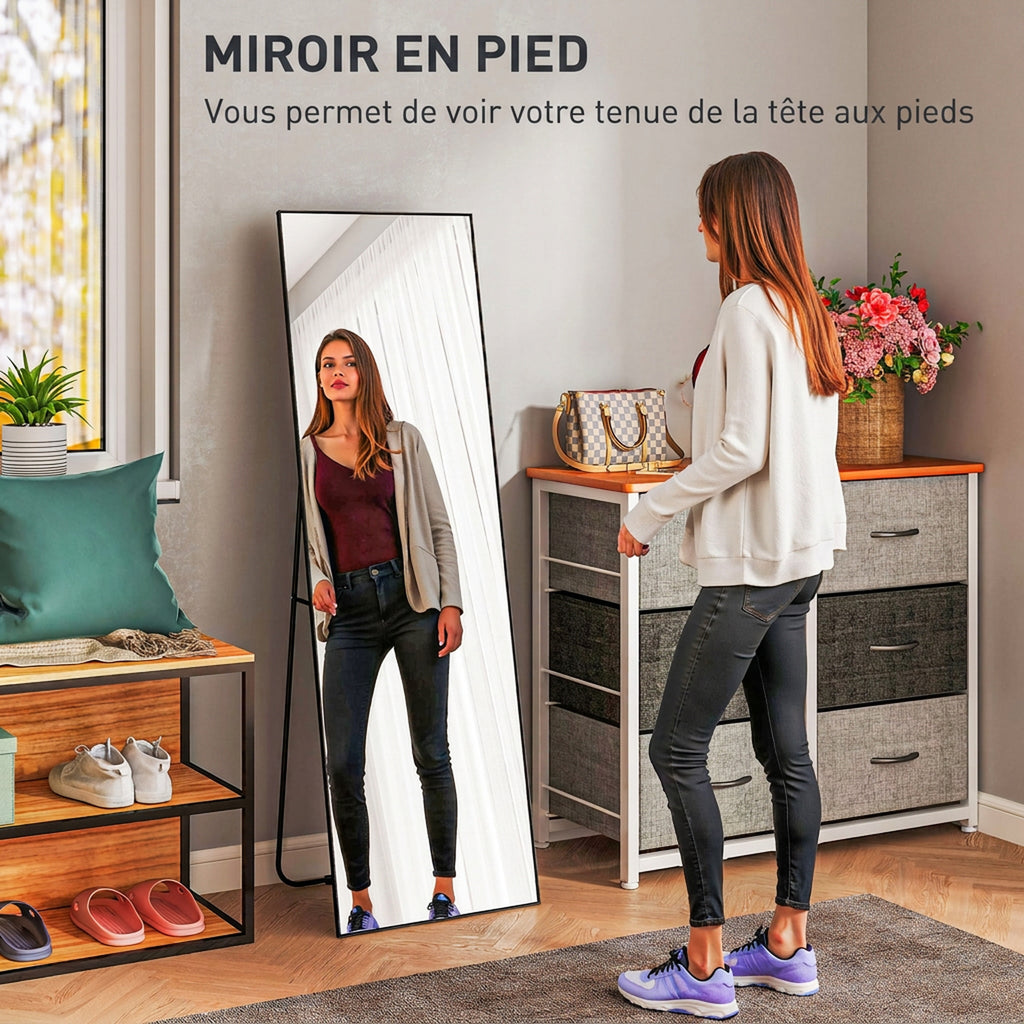 Grand miroir pleine longueur rectangulaire, 50 x 160 cm, miroir sur pied, mural ou pocé contre mur, noir-3