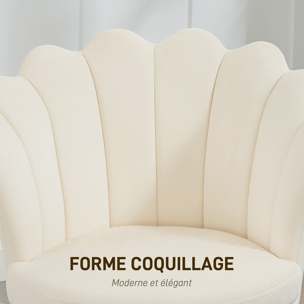 Fauteuil coquillage chaise coiffeuse fauteuil en velours fauteuil de salon avec pieds en métal doré beige-4