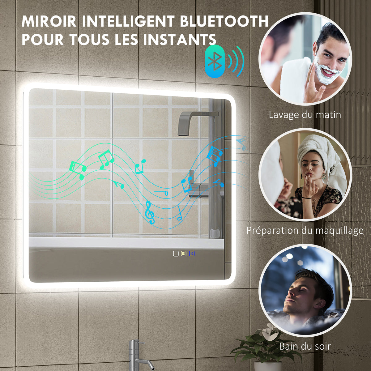 Miroir salle de bain LED bluetooth 70 x 90 cm interrupteur tactile lumière réglable 3 couleurs anti-buée mémoire argent-4