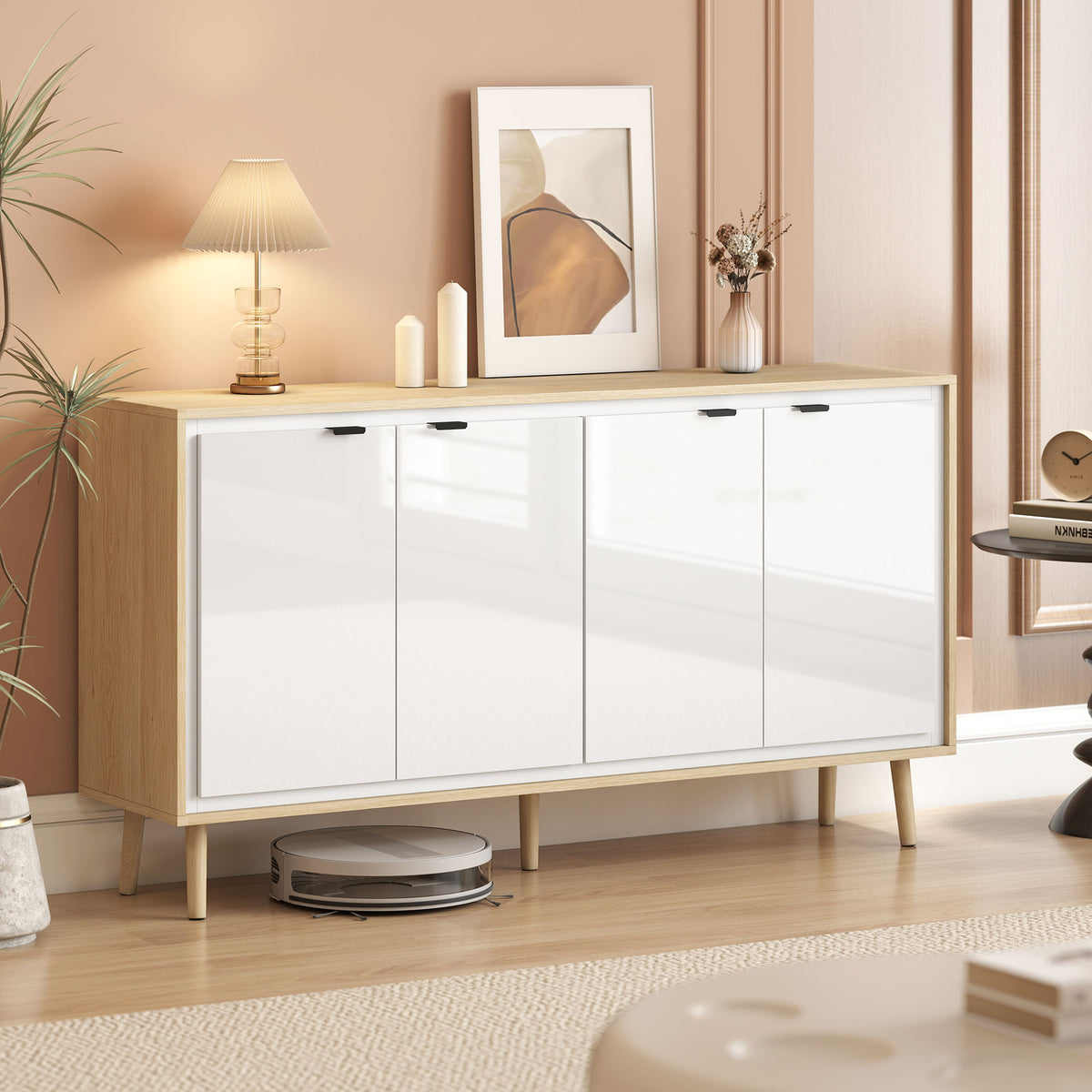 Buffet à haute brillance, meuble de rangement avec 4 portes, étagères réglables, 141 x 35 x 77 cm, blanc et chêne-9