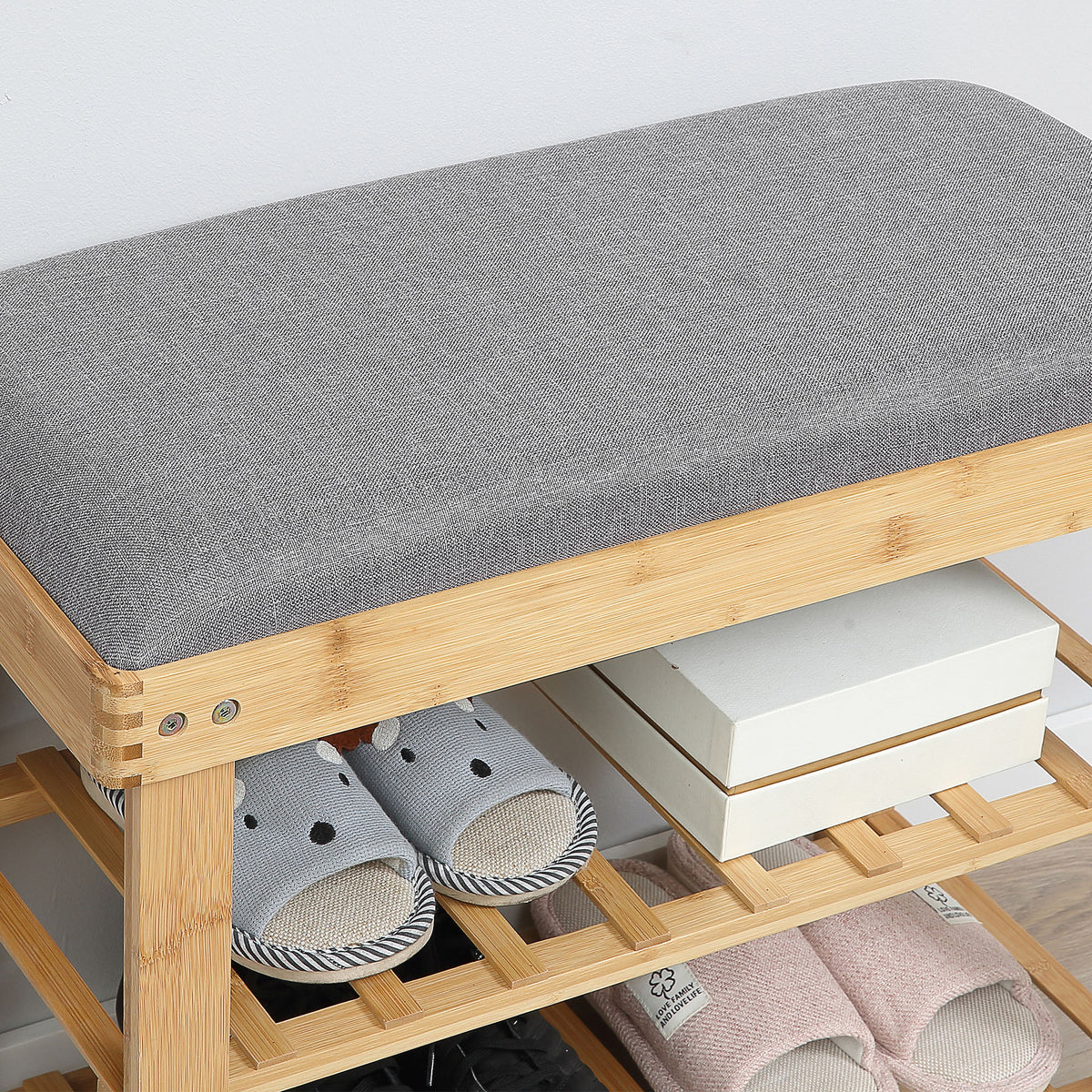 Meuble à Chaussures Banc à Chaussures 2 étagères Coussin Gris intégré Bambou-8