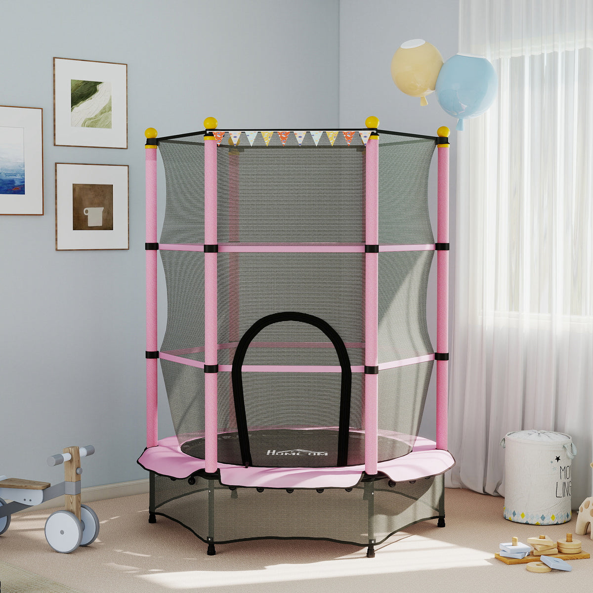 Trampoline Enfant Ø 1,40 × 1,90H m Filet de sécurité Porte zipée Couvre-Ressorts 6 poteaux rembourrés Inclus Rose-9