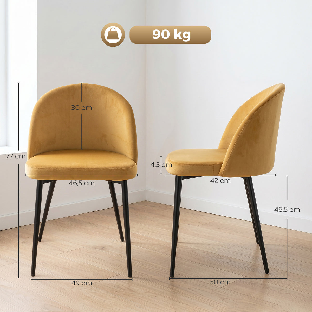 Lot de 2 chaises salle à manger chaise de cuisine scandinave chaise en velours rembourrée avec pieds effilés en métal, pour salon, salle à manger, jaune-2