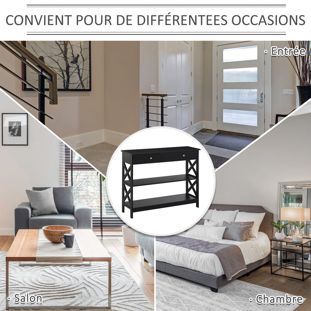 Table de console table d'entrée style table de drapier néo-rétro 2 tiroirs 2 étagères dim. 100L x 30,5l x 80H cm en bois noir-4