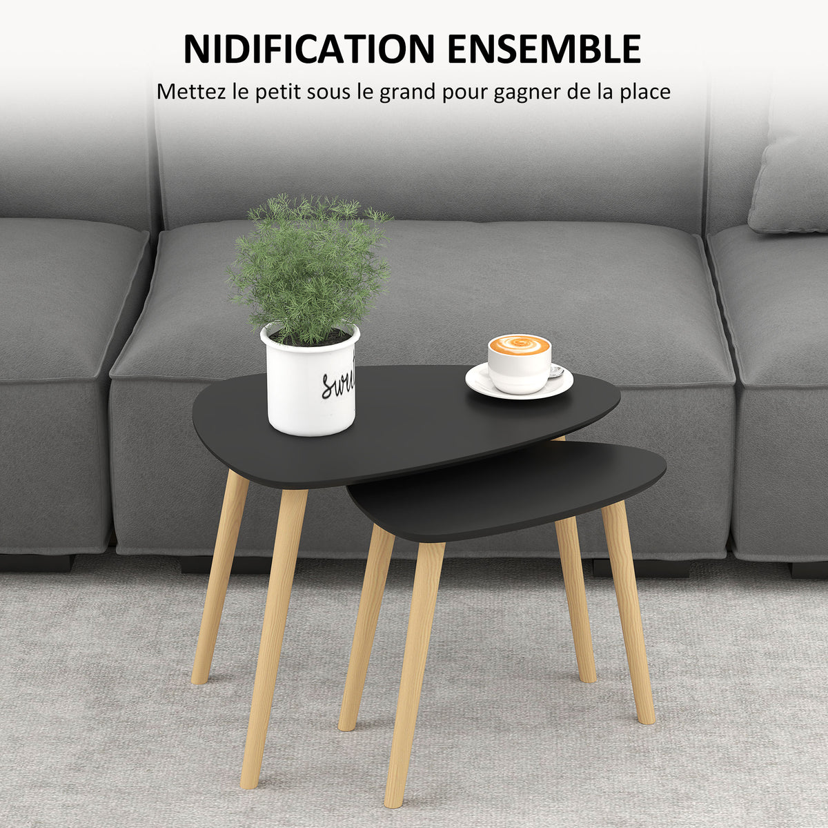 Lot de 2 tables basses gigognes design scandinave pieds en bois et plateau en bois, noir-3