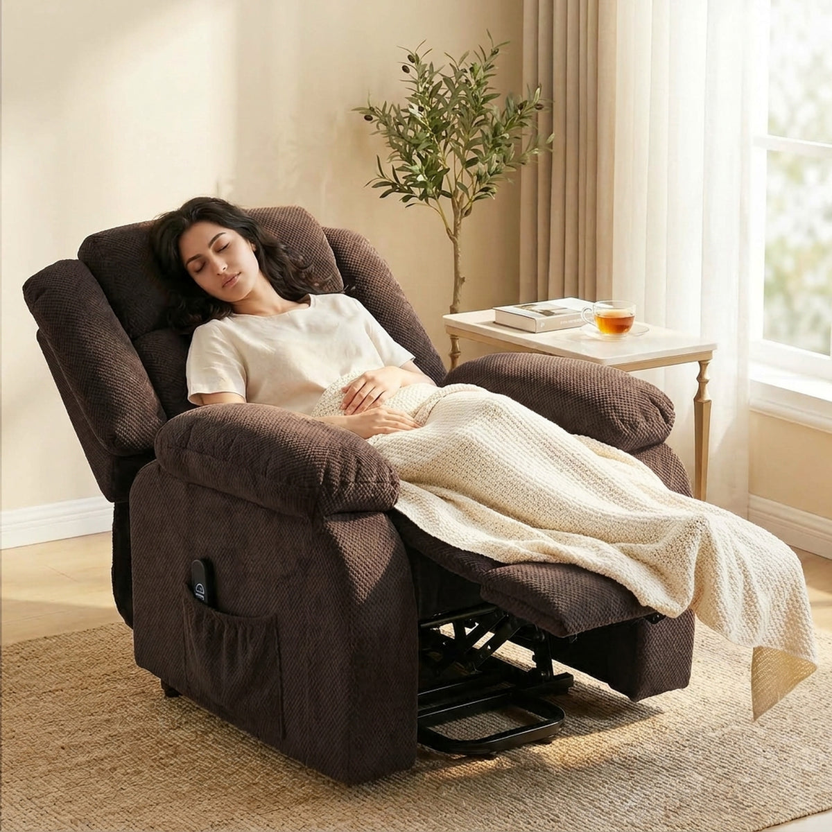 Fauteuil Releveur Électrique, Fauteuil Relax Électrique en Velours, Dossier Inclinable, Assise Large, Port USB, Marron-6