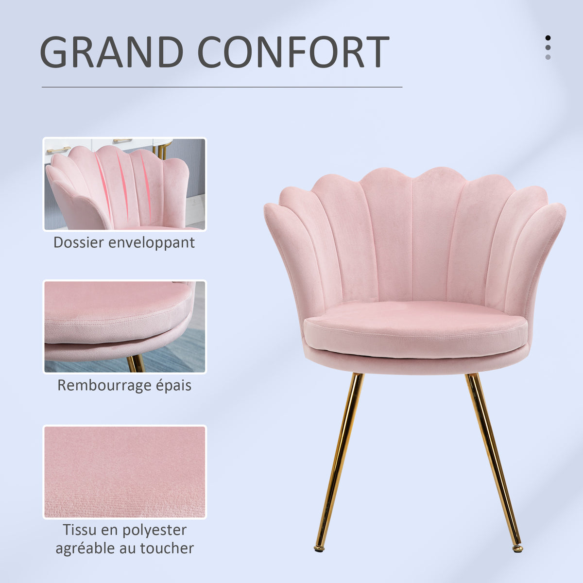 Lot de 2 fauteuil coquillage Fauteuil rose Fauteuil de salon Chaise en velours pieds métal dorés effilés dim. 67l x 64P x 77H cm rose-5