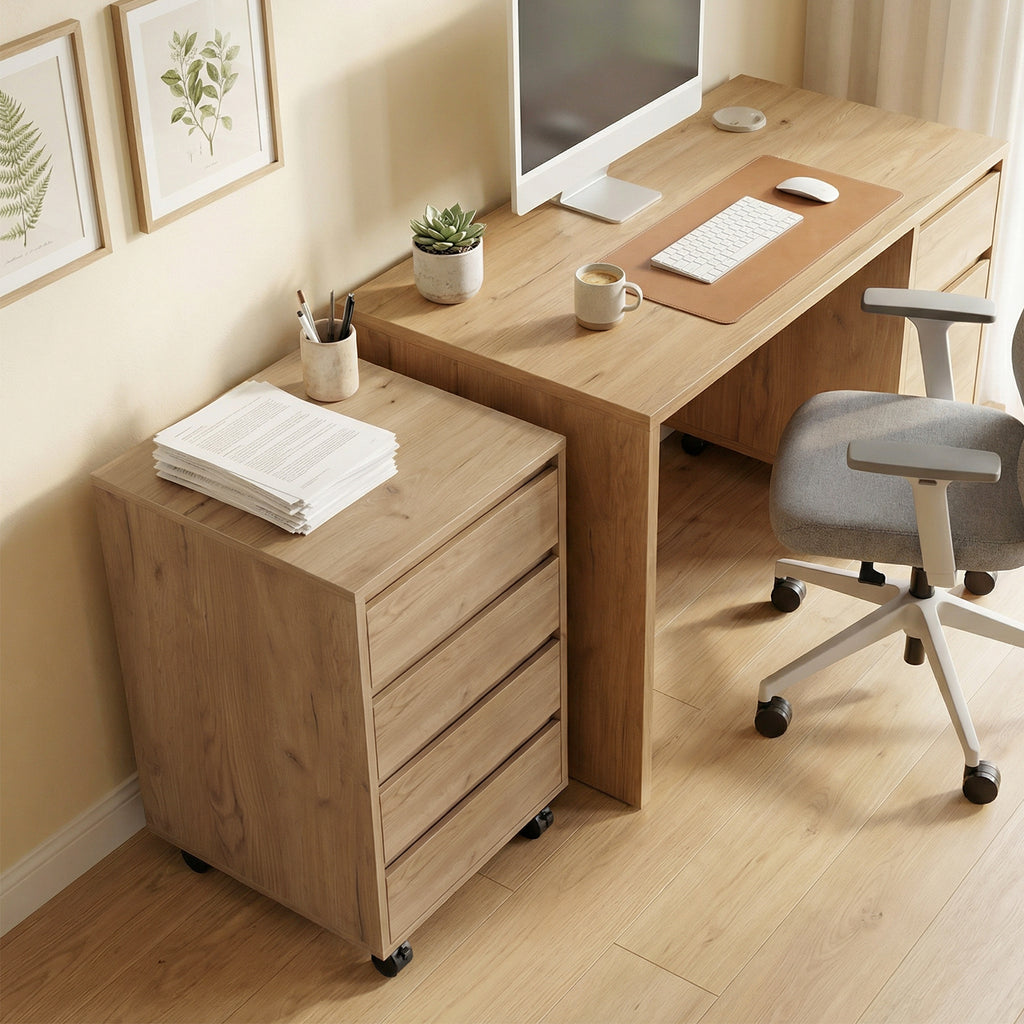 Caisson de bureau rangement bureau sur roulettes 4 tiroirs coulissants en bois aspect bois marron-7