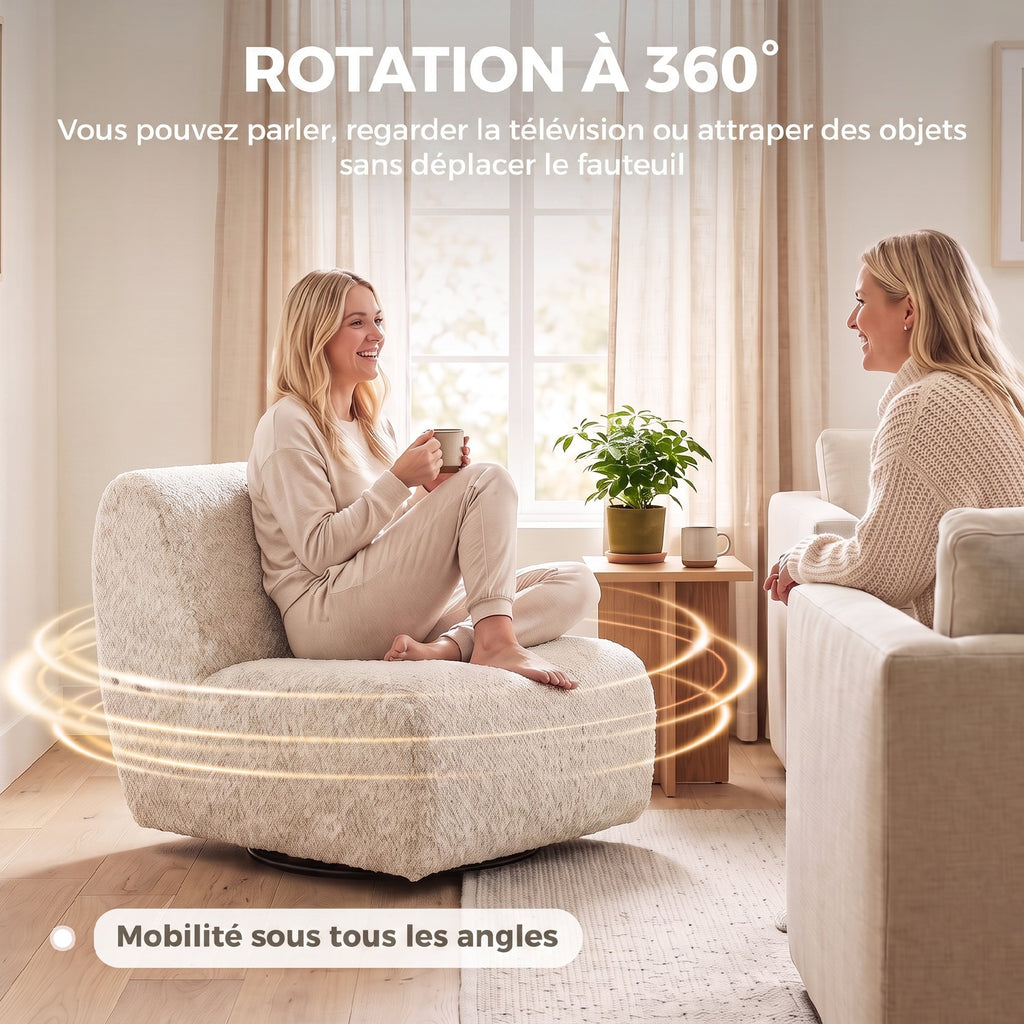 Fauteuil de salon pivotant 360°, canapé 1 place rembourré en chenille avec assise extra-large, rembourrage épais, beige-5