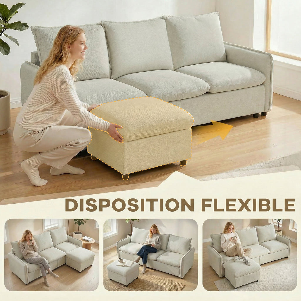 Canapé 3 places avec pouf de rangement, canapé d'angle modulable 212 cm, coussins à ressorts, tissu en lin, crème-4