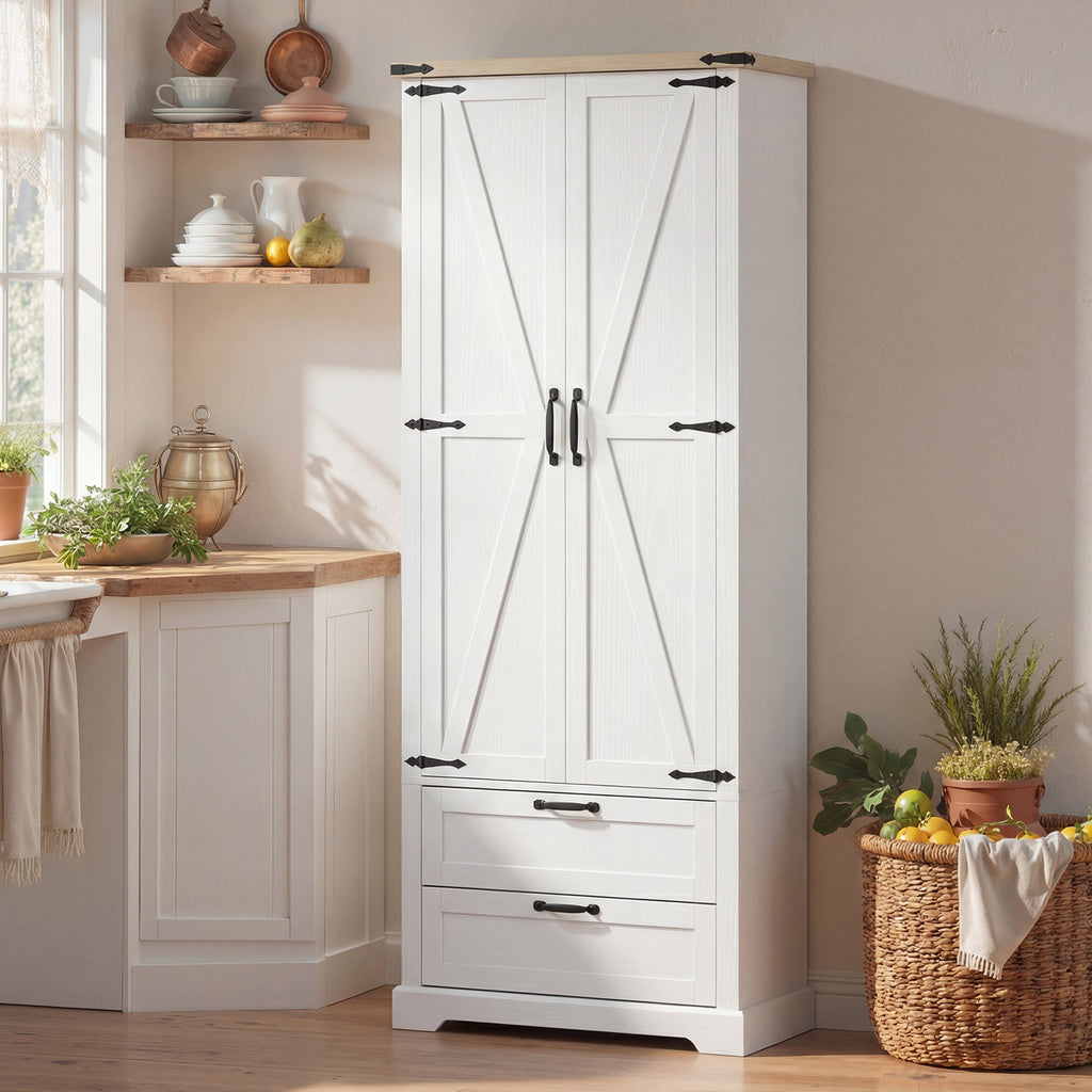 Buffet haut cuisine, armoire de cuisine avec 2 portes, 2 tiroirs, étagères réglables, style rustique, 76x40x180cm, blanc-7