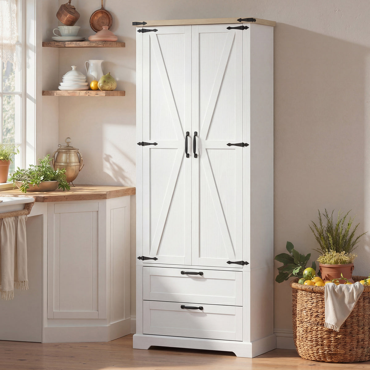 Buffet haut cuisine, armoire de cuisine avec 2 portes, 2 tiroirs, étagères réglables, style rustique, 76x40x180cm, blanc-7