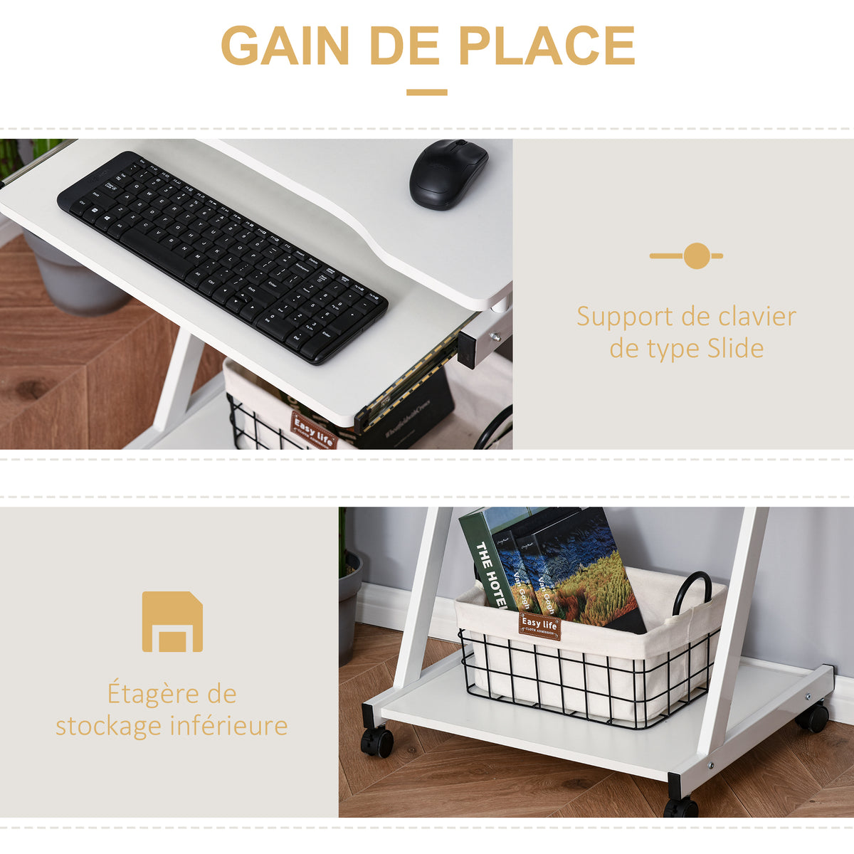 Bureau Informatique Roulant - Bureau Mobile - Table d'ordinateur - Tablette coulissante Clavier + étagère - Blanc-4